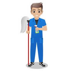 Male Office Boy Holding Mop And Spray