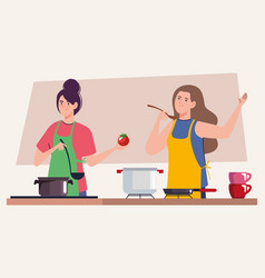 Two Girls Cooking In Kitchen