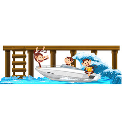 Wooden Pier With Many Monkeys On Speedboat