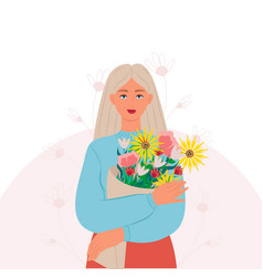 A Young Blonde Woman With Bouquet Of Flowers