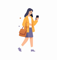 Hand Drawn Woman Walking With Smartphone In Flat