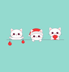 Cat Set Merry Christmas Banner Red Santa Claus