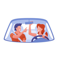 Man And Woman Ride On Trip In Car Laughing