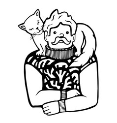 A Man With Mustache In Sweater With Cat