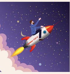 Businessman On A Rocket Fly Through Sky Start Up