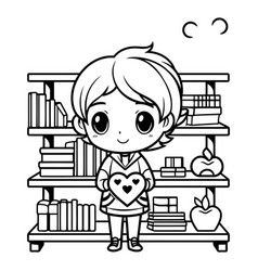 Cute Little Boy Standing In Front Of Bookshelf