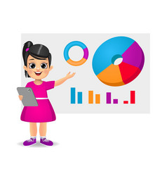 Cute Girl Holding Tablet And Showing Pie Chart