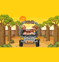 Zoo At Sunset Time With Many Kids In A Jeep Car