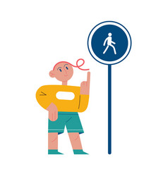 Boy Looking At Pedestrian Zone Road Sign