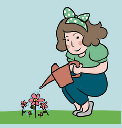 Woman Watering Flower In Garden Cartoon