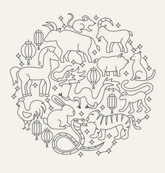 Chinese Zodiac Line Icons Circle