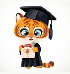 Cute Cartoon Tiger Cub In Graduate Hat Holding