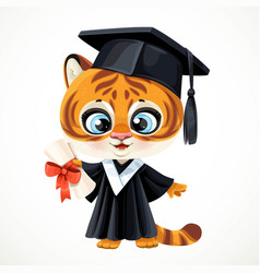 Cute Cartoon Tiger Cub In Graduate Hat Holding