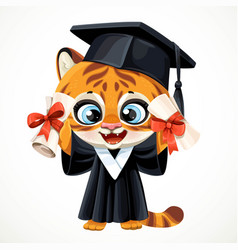 Cute Cartoon Tiger Cub In Graduate Hat Holding