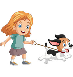 Cartoon Little Girl With Her Dog