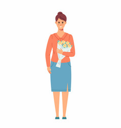 Cute Woman Holding A Bouquet Of Flowers In Her