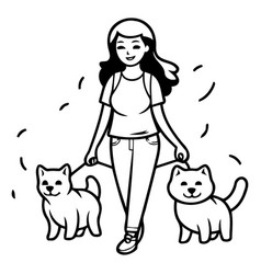 Woman Walking With Her Dogs In A Flat Style