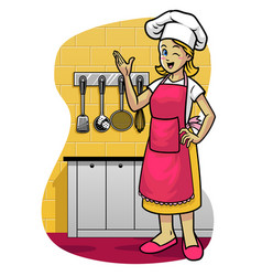 Happy Women Wearing Apron In Kitchen