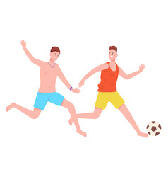 Young Men Playing Soccer Cheerful Beach People