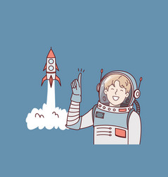 Man In Astronaut Clothes Points Finger Up Standing