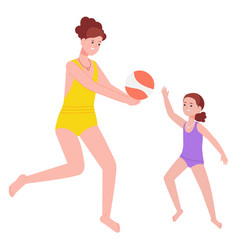 Mother And Daughter Playing Beach Volleyball Happy