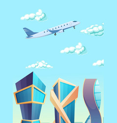 Plane Flying In Sky Among Clouds Over Buildings