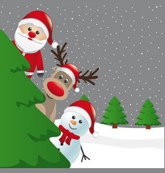 Santa Reindeer And Snowman Behind Tree