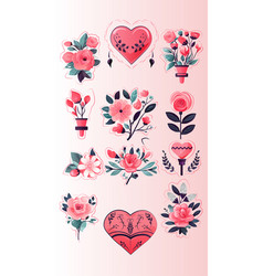 Set Pink Flowers And Hearts Happy Valentines Day