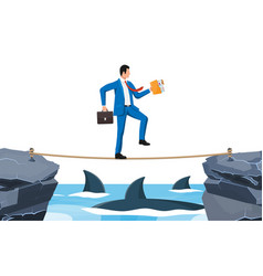 Businessman Walking A Tightrope Over Shark In Sea