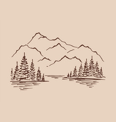 Mountain With Pine Trees And Lake Landscape Hand