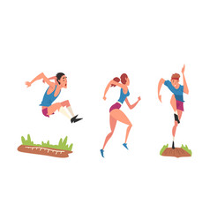 Man And Woman Athlete Doing Long Jump And Running