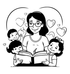 Mother Reading Book With Her Children In Cartoon