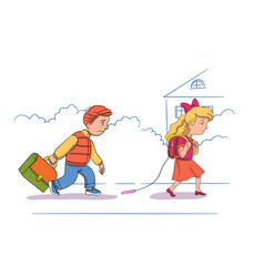 Sad Little Girl And Boy With Backpack Go To School