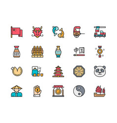 Set Chinese Culture Flat Color Icons Rickshaw