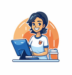 Young Woman Working At The Computer In Cartoon