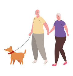 Cute Old Couple Walking With Dog Mascot