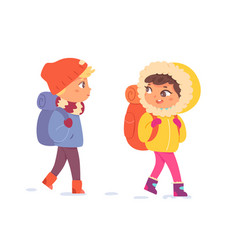 Kids With Backpacks Hiking In Winter Girl And Boy