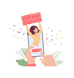 Happy Woman With Gift Box On Phone Screen