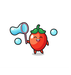 Happy Chili Pepper Cartoon Playing Soap Bubble