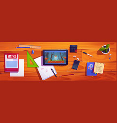 Student School Desk Top View With Tablet And Game