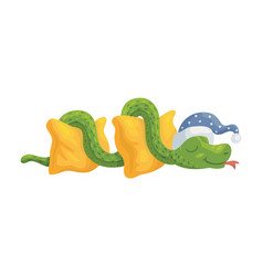 Green Funny Snake Sleeping On Pillows Flat