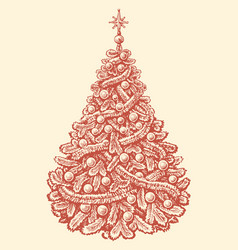 Hand Drawn Fir Tree Decorated With Tinsel And