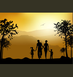 Silhouette Of A Family Walking In The Countryside