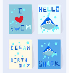 Set Blue Shark Card Birthday Cartoon Character