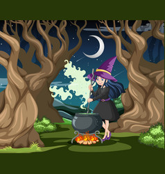 Wizard Or Witch With Magic Pot On Dark Forest