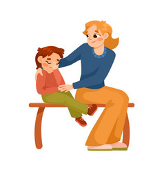 Woman Parent Supporting Boy Son Sitting On Bench