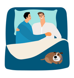 Two Men And Dog In Bed