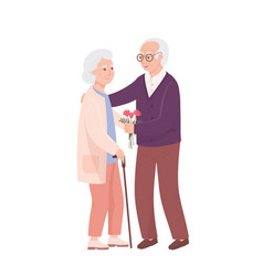 Happy Elderly Man Gives Woman Bouquet Of Flowers