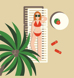 Woman On The Beach Under Palm Tree In Flat Style