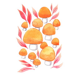 Orange Mushroom On Grass And Rock Watercolor